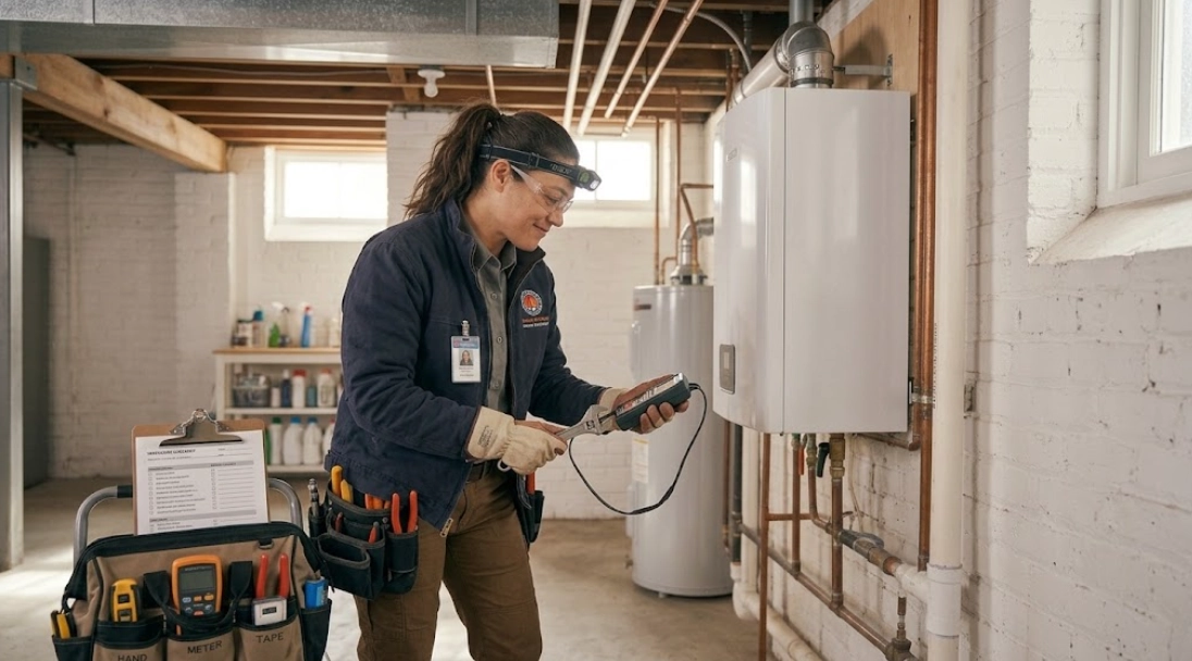Heating technician inspecting burner manifold and electronic pressure controls on a modern residential heating boiler